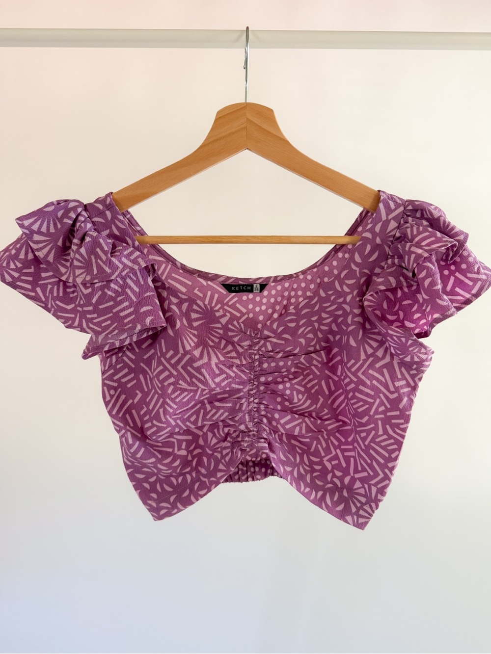 Ketch Lavender Printed Ruched Puff-Sleeve Crop Top
